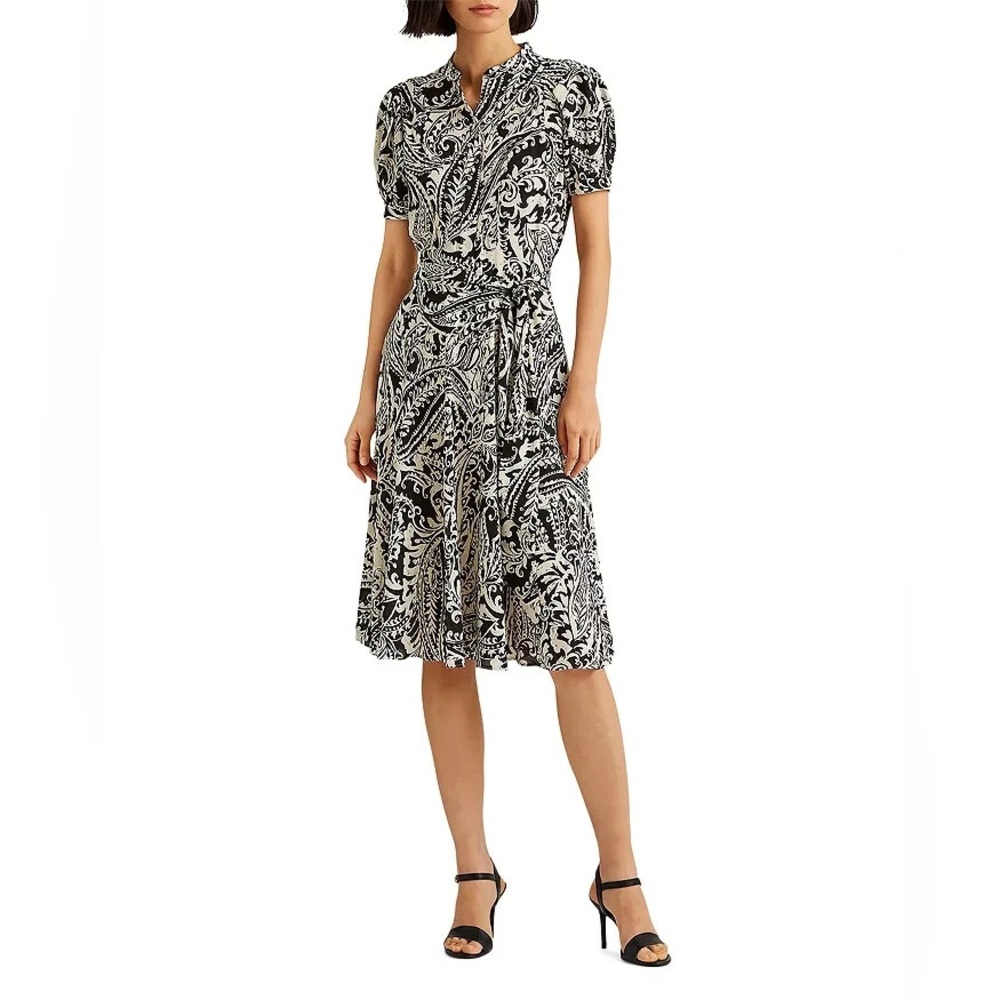 Lauren Ralph Lauren Black and Cream Paisley Long Sleeve Dress. NWT